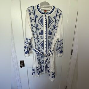 FARM RIO Blue & White Cross Stitch Mini Dress